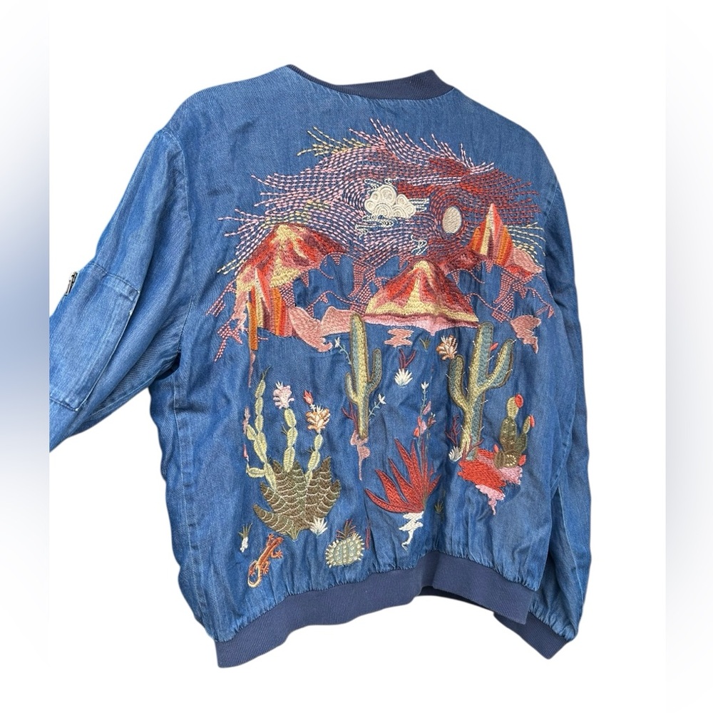 Johnny Was Yucca Bomber Jacket Denim Embroidered Western